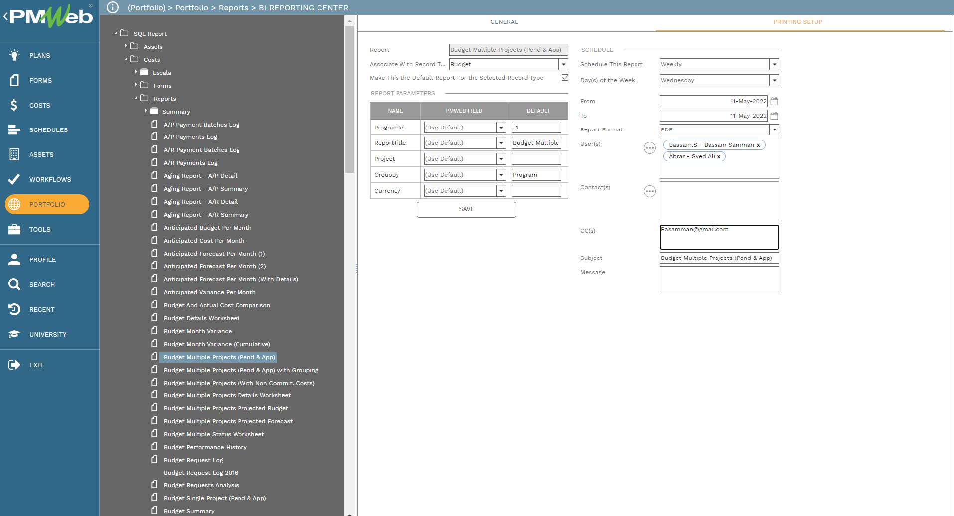 PMWeb 7 Portfolio Reports BI Reporting Center
Printing Setup