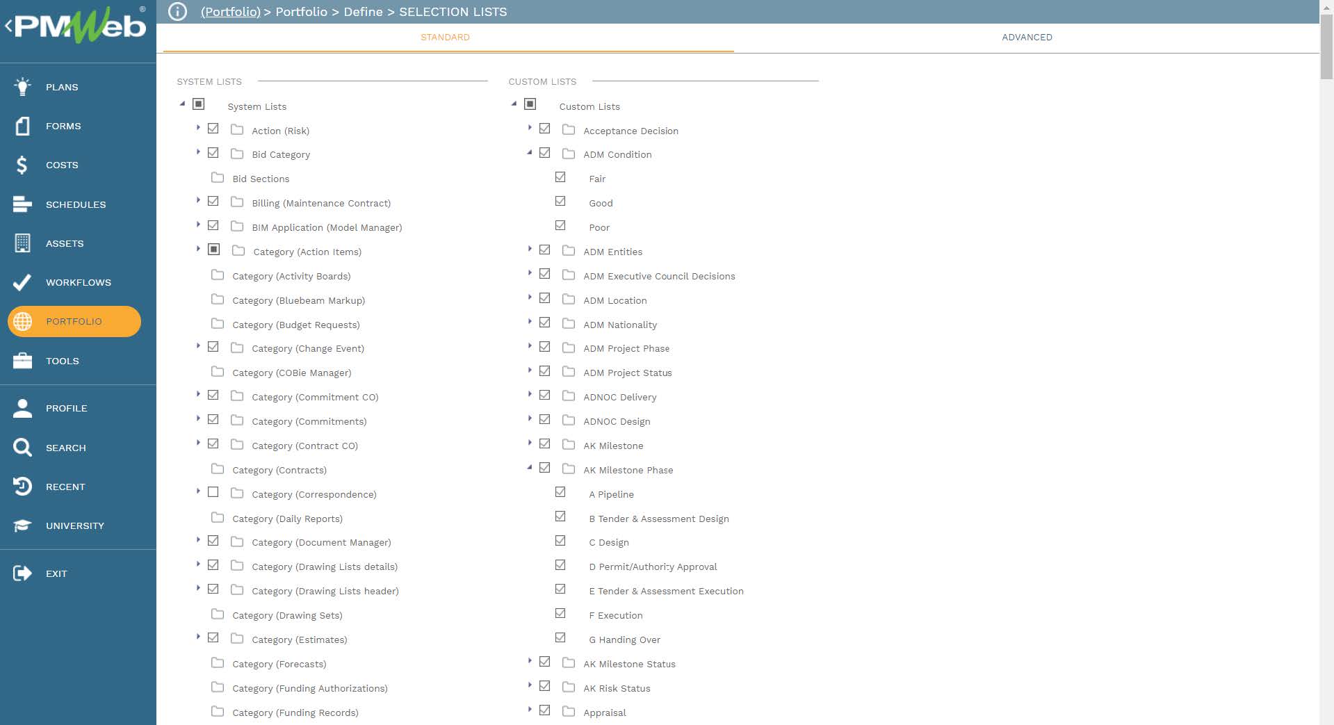 PMWeb 7 Portfolio Define Selection Lists
Standers