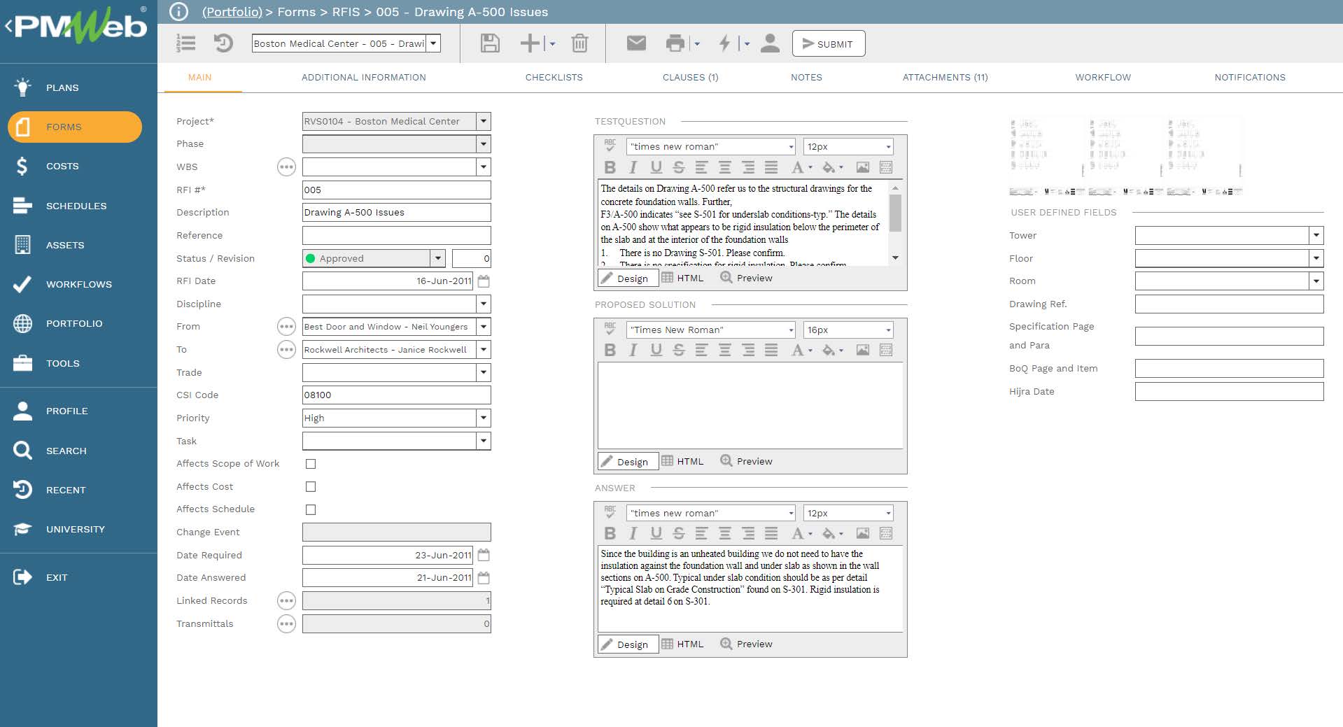 PMWeb 7 Forms RFIs Drawing 500 Issues
Main