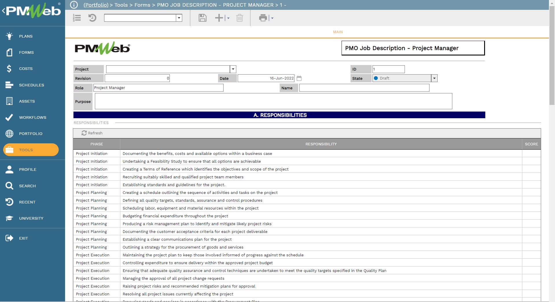 PMWeb 7 Tools Forms PMO Job Description Project Manager 
Main