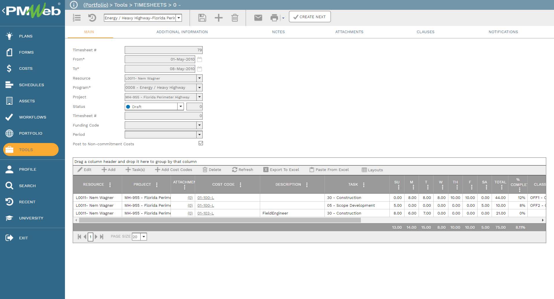 PMWeb 7 Tools Timesheets
Main
