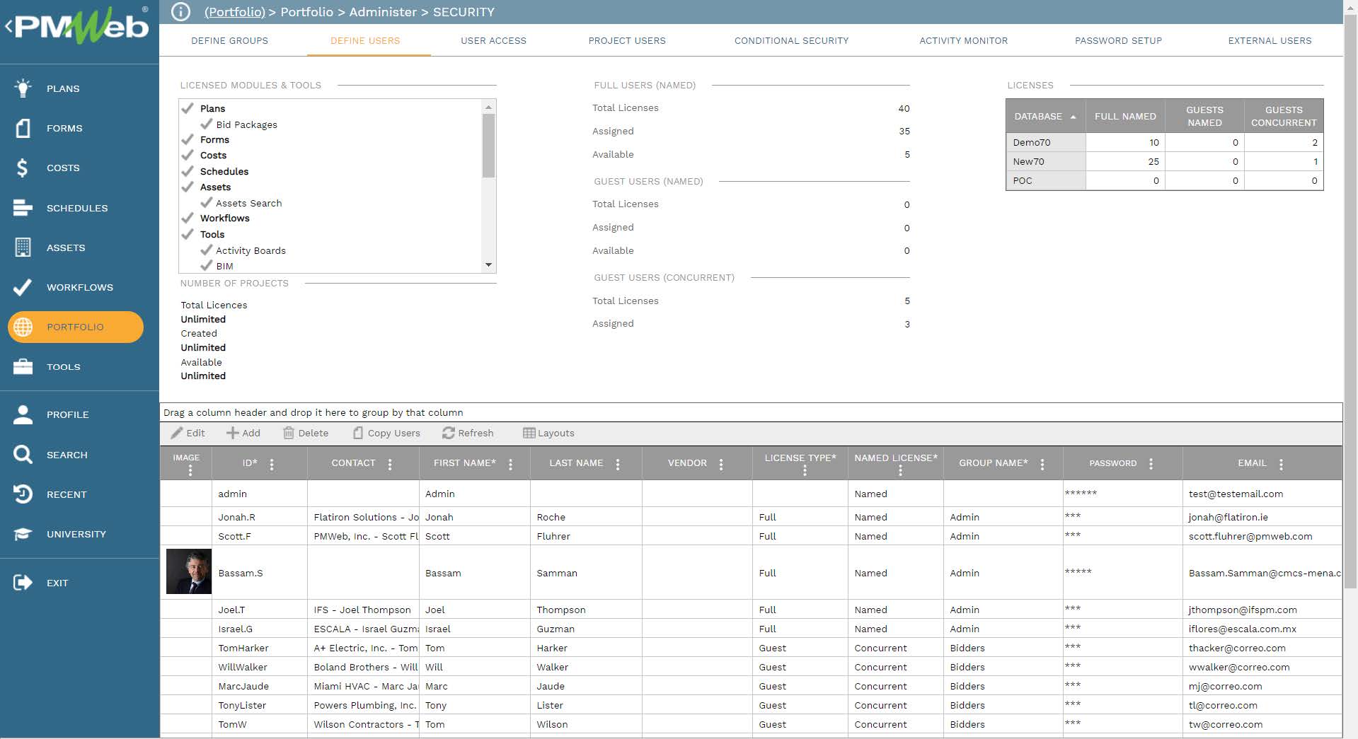 PMWeb 7 Portfolio Administer Security
Define Users