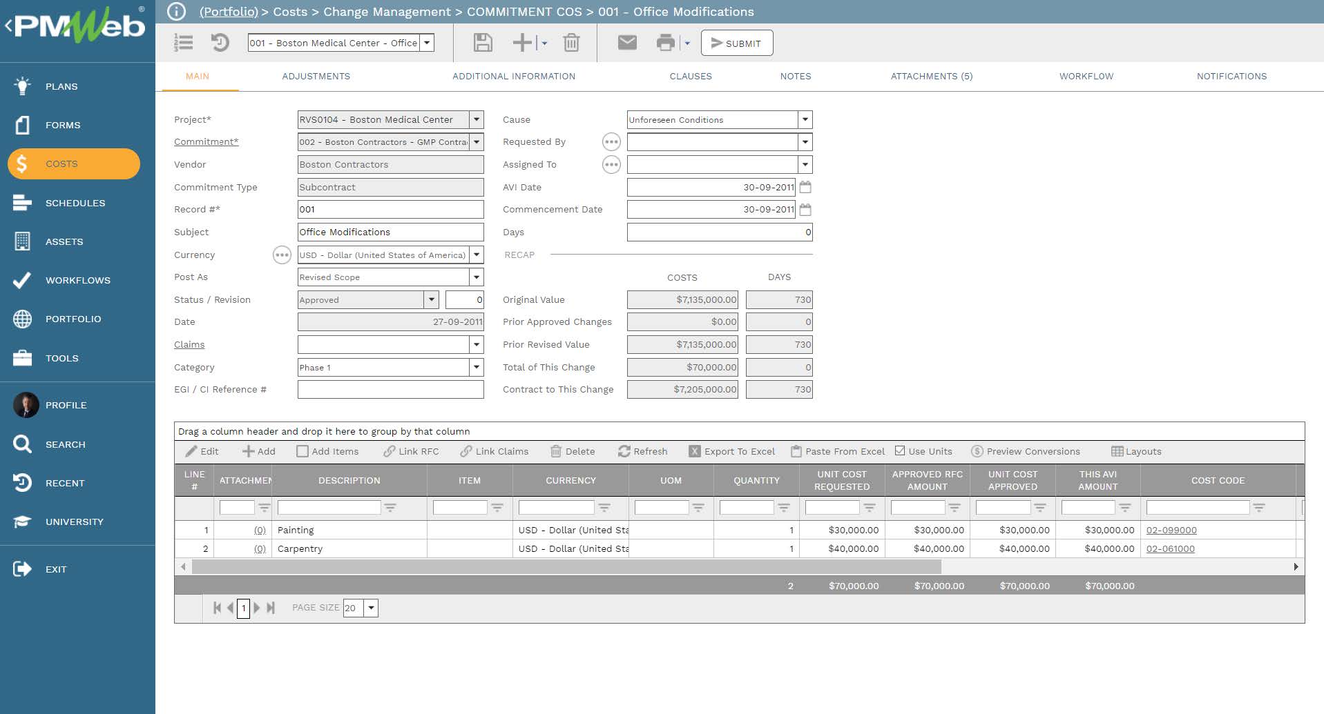 PMWeb 7 Costs Charge Management Commitment COS Office Modifications
MAin