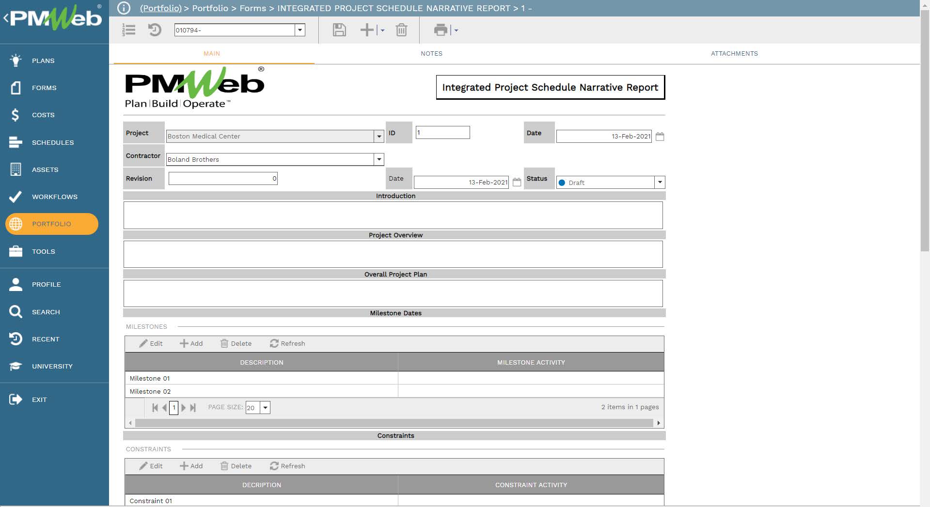 PMWeb 7 Portfolio Forms Integrated Project Schedule Narrative Report
Main