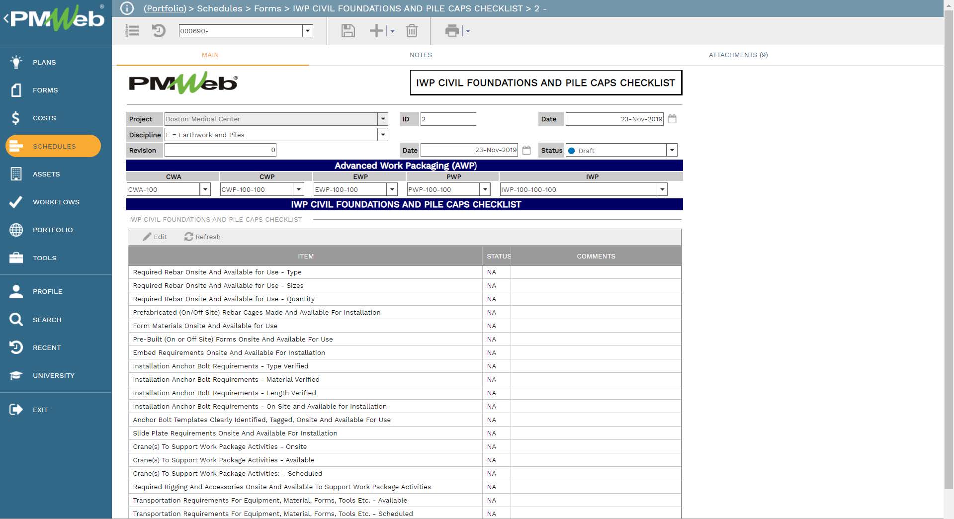PMWeb 7 Schedules Forms IWP Civil Foundation And Pile Caps Checklist
Main