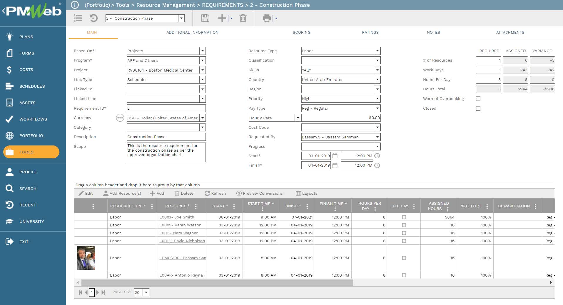PMWeb Resource Management Requirements Construction Phase
Main