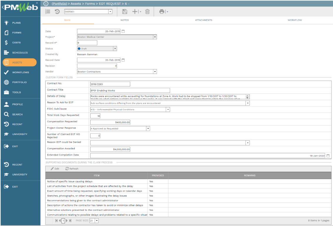 PMWeb 7 Assets Forms EOT Request
Main