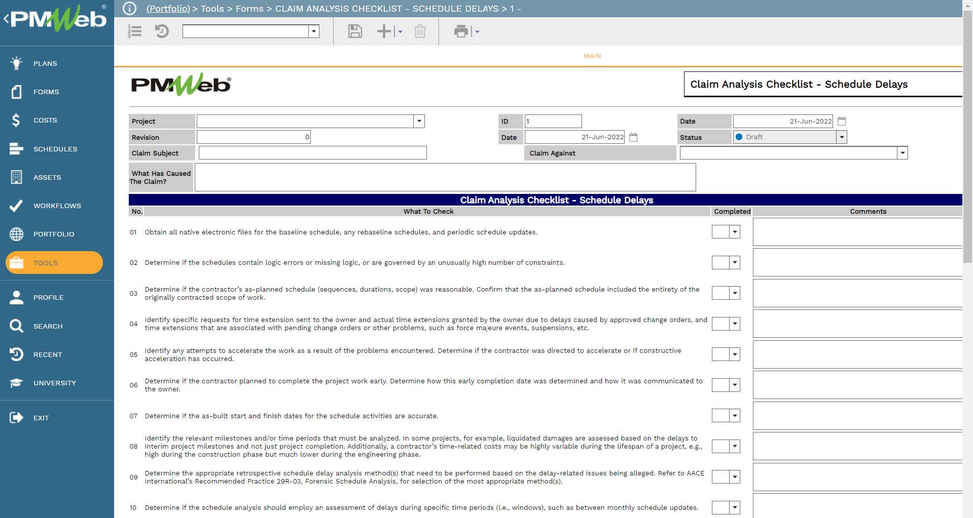 PMWeb 7 Tools Forms Claim Analysis Checklist Schedule Delay
Main
