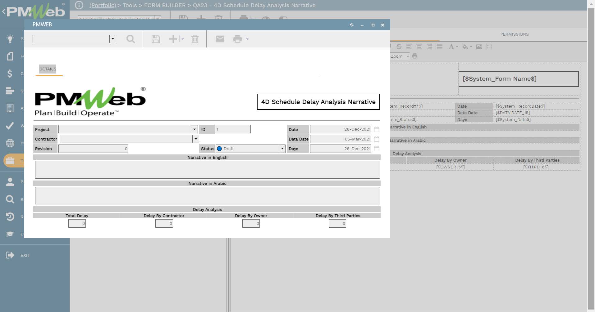 PMWeb 7 Tools Forms Builder QA23 4D Schedule Delay Analysis Narrative
