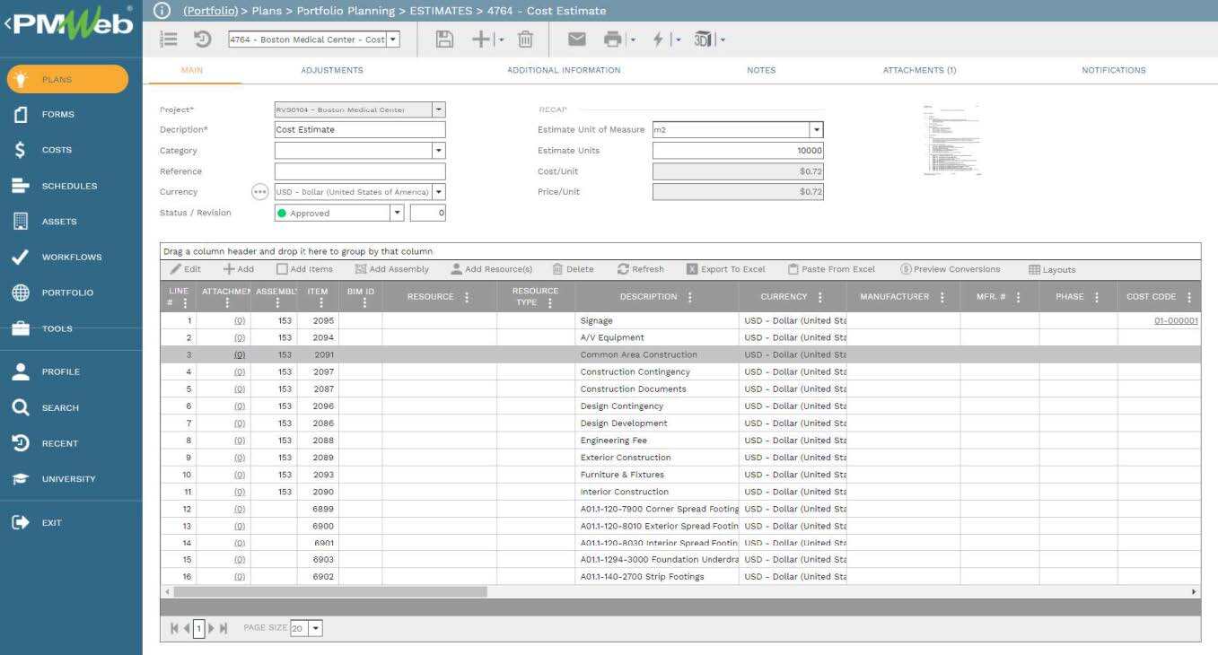 PMWeb 7 Plans Portfolio Planning Estimates Cost Estimate
Main