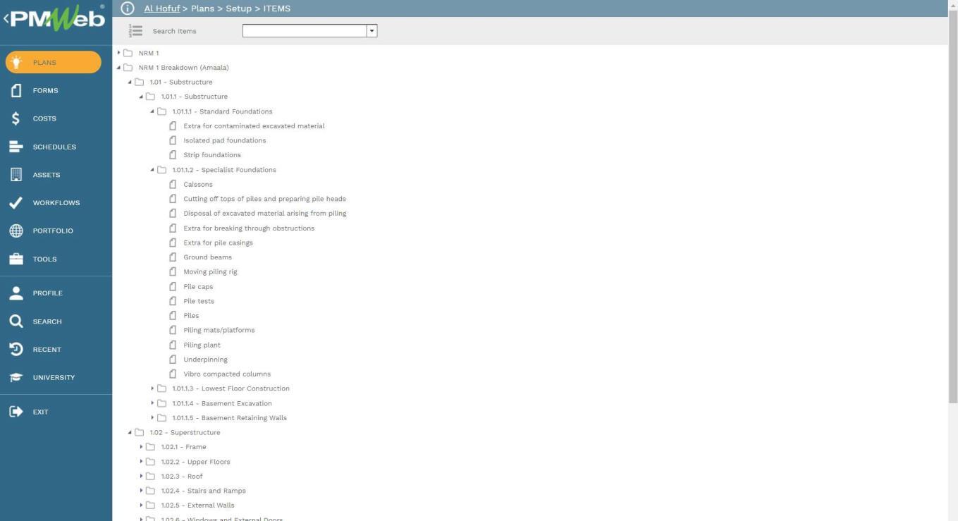 PMWeb 7 Plans Setup Items