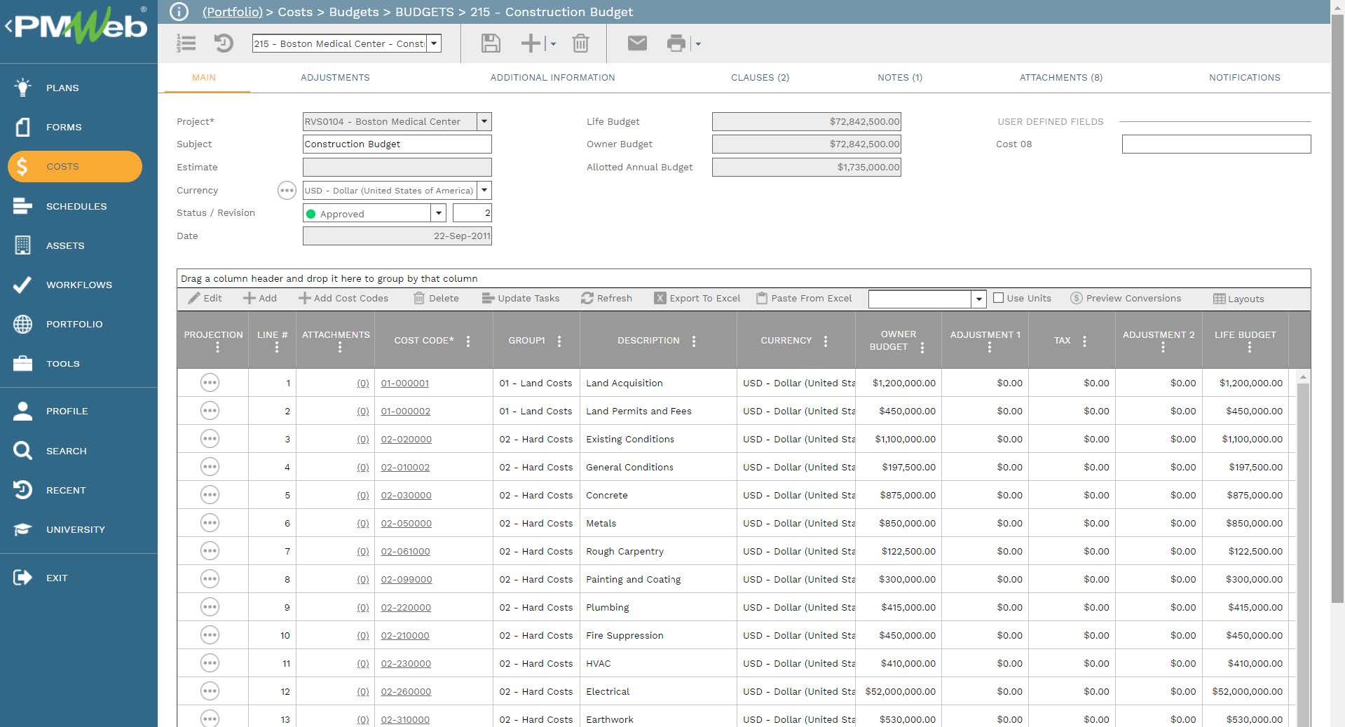 PMWeb 7 Costs Budgets budgets construction Budget
Main