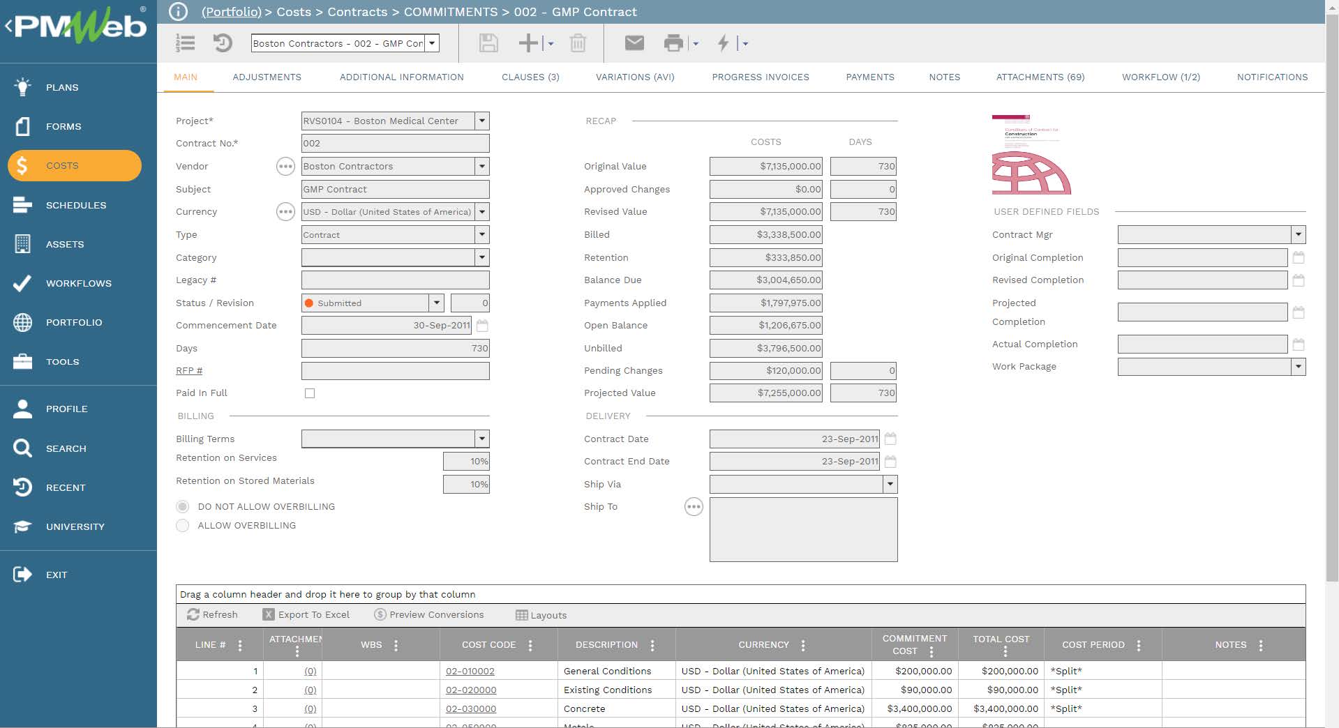 PMWeb 7 Costs Contracts Commitments GMP Contract
Main