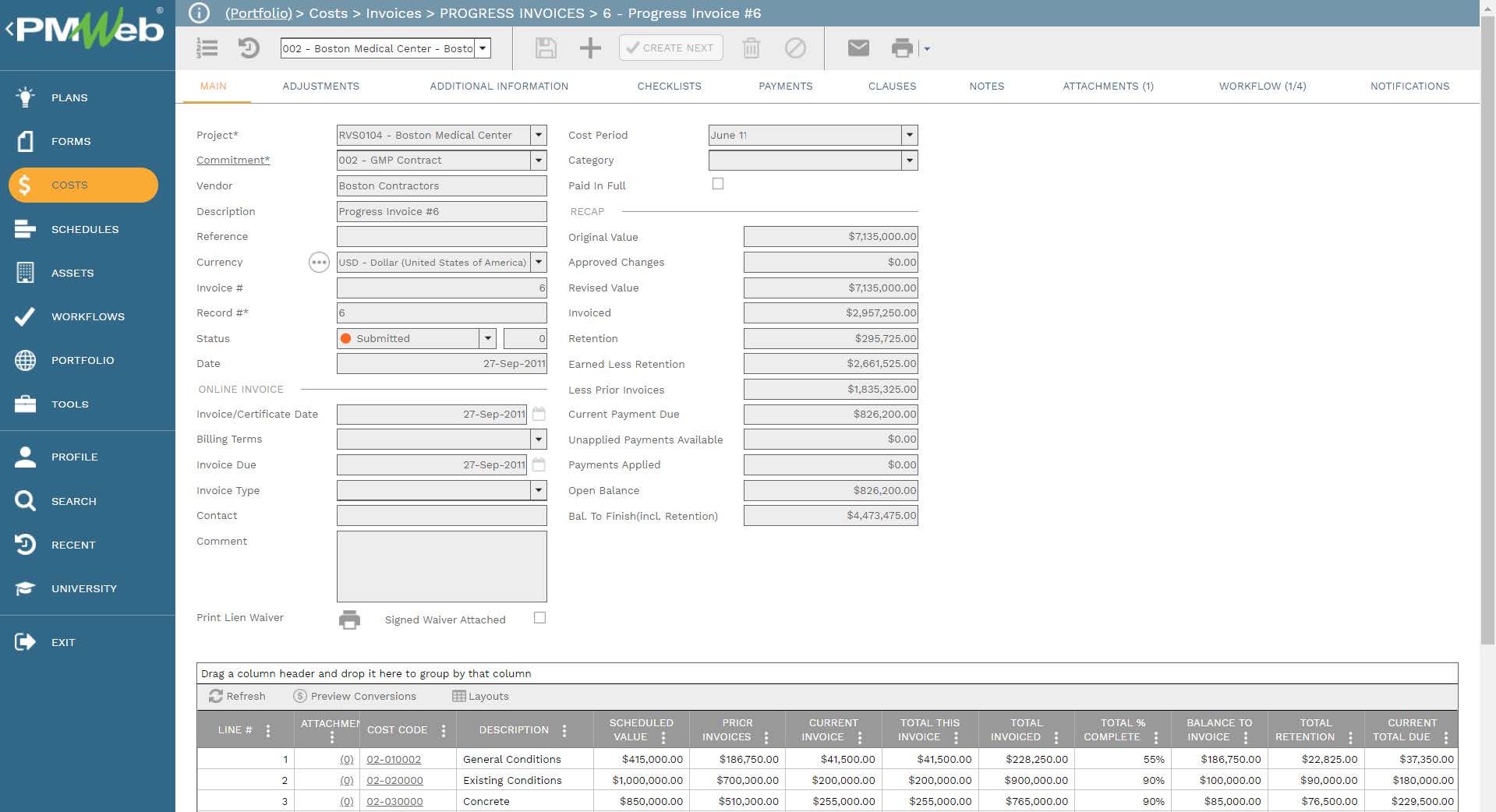 PMWeb 7 Costs Invoices Progress Invoices Progress Invoice
Main