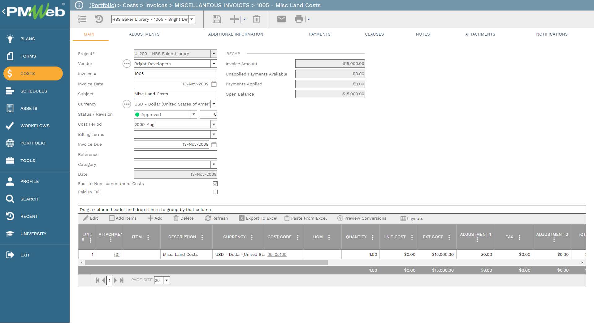 PMWeb 7 Costs Invoices Miscellaneous Invoices Misc land Costs
Main