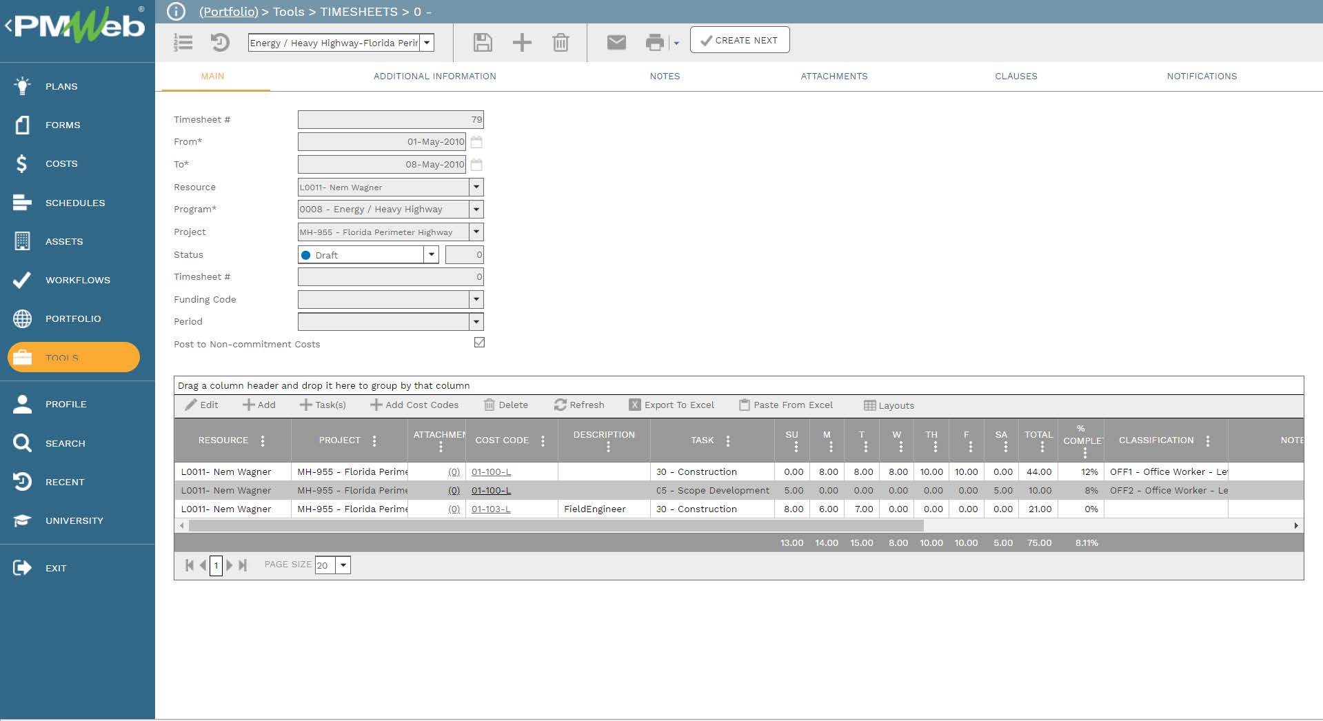 PMWeb 7 Tools Timesheets
Main