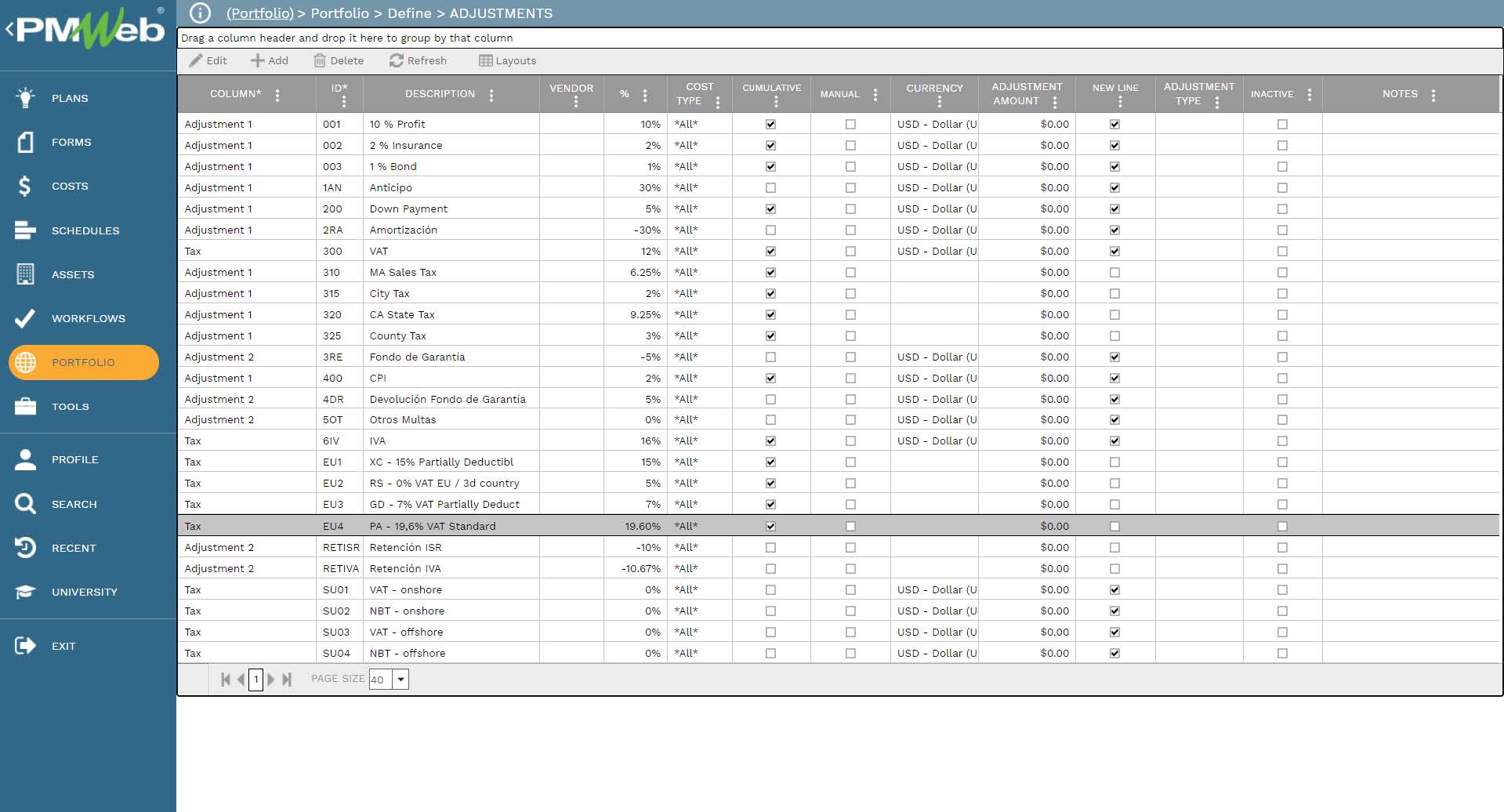 PMWeb 7 Portfolio Define Adjustments