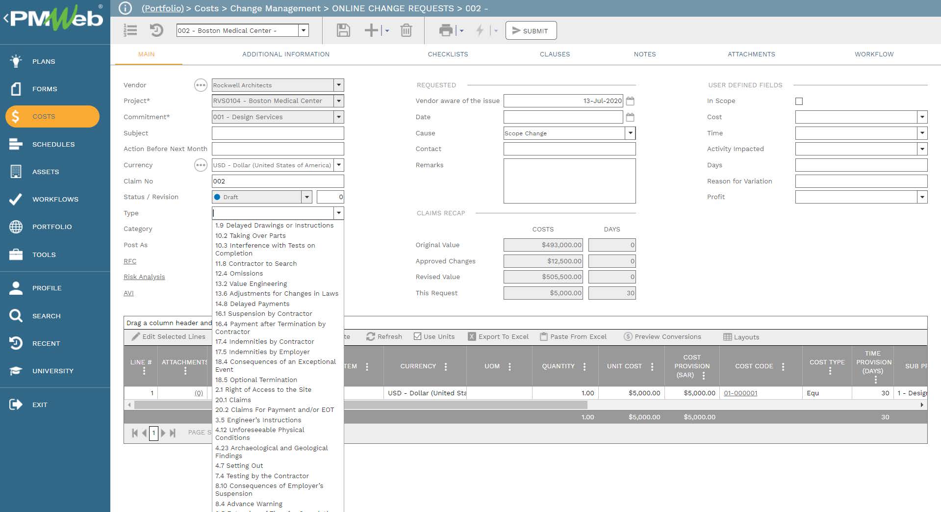 PMWeb 7 Costs Change Management Online Change Requests
Main