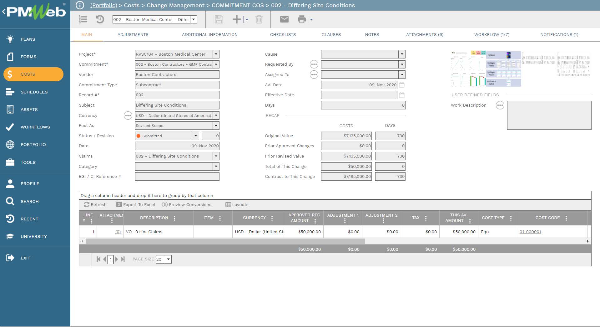 PMWeb 7 Costs Change Management Commitment COS Differing Site Conditions
Main