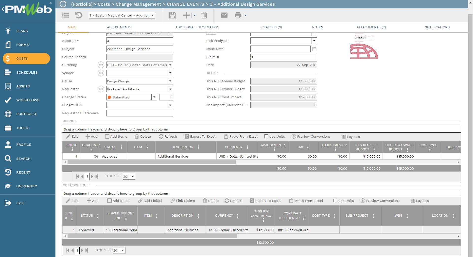 PMWeb 7 Costs Change Management Change Events Additional Design Services
Main
