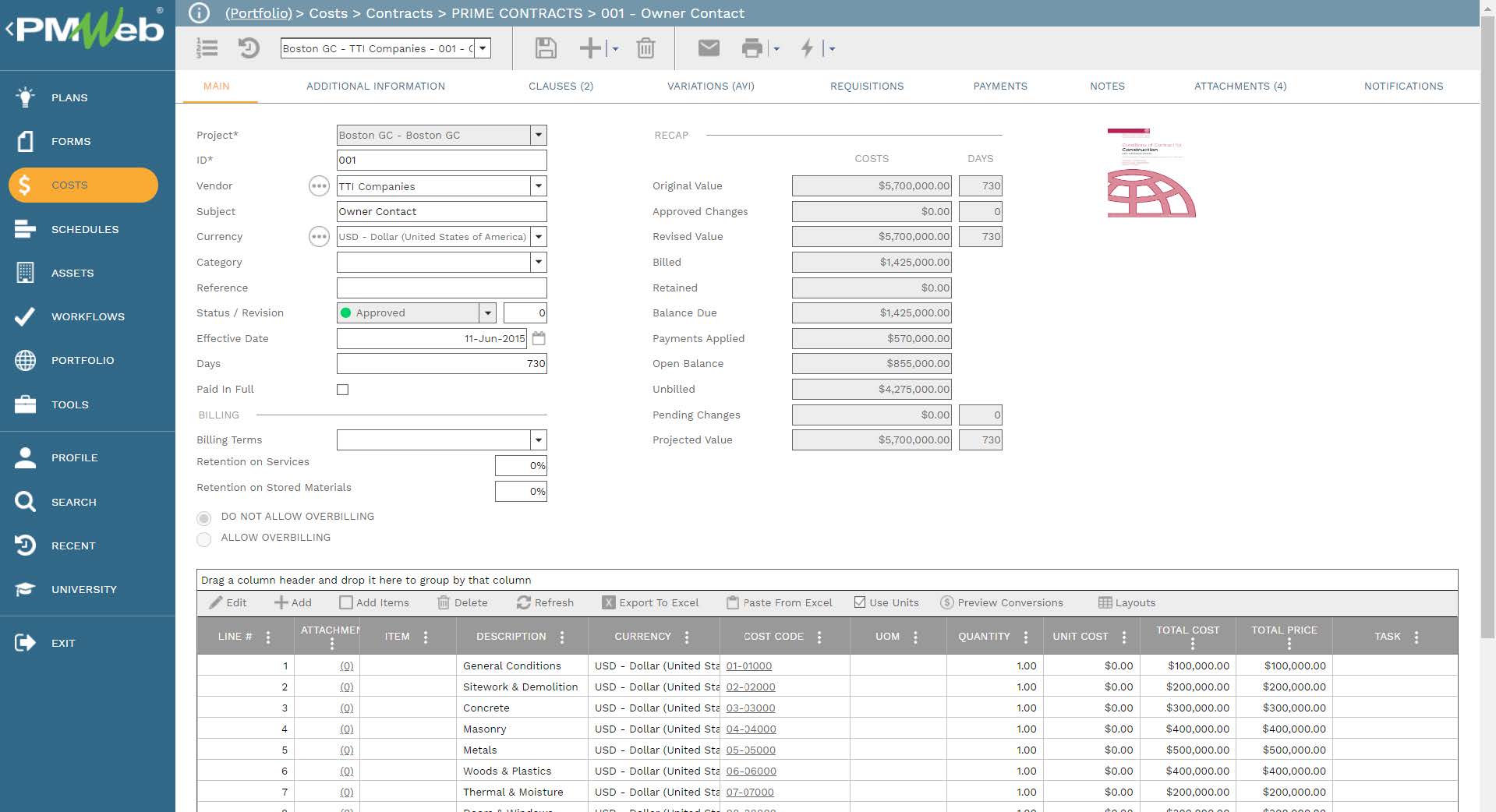 PMWeb 7 Costs Contracts Prime Contracts Owner Contact
Main