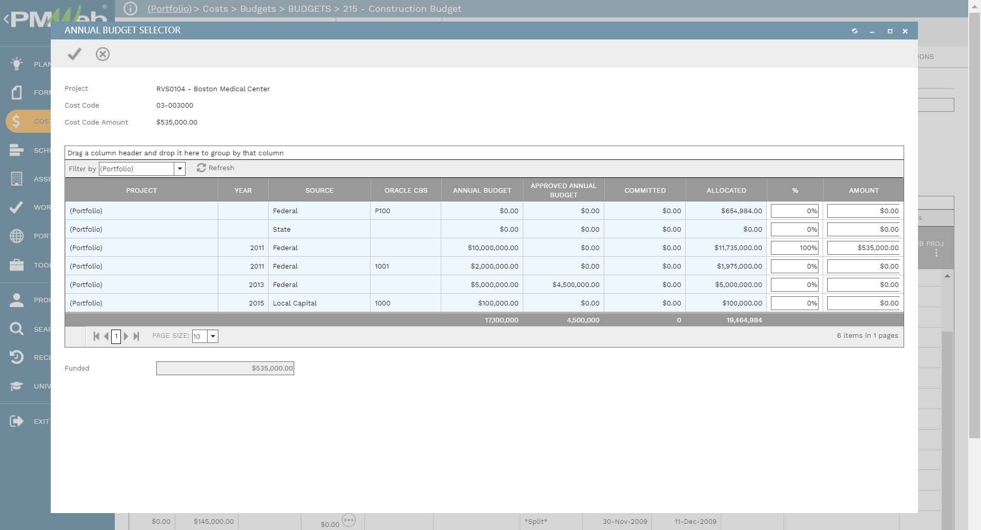 PMWeb 7 Costs Budgets Budgets Construction Budget
Annual Budget Selector