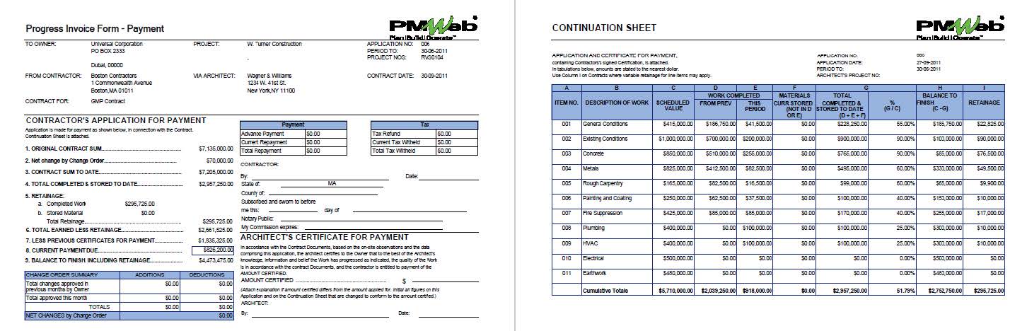 PMWeb 7 Progresses Invoice Form Payment
Continuation Sheet