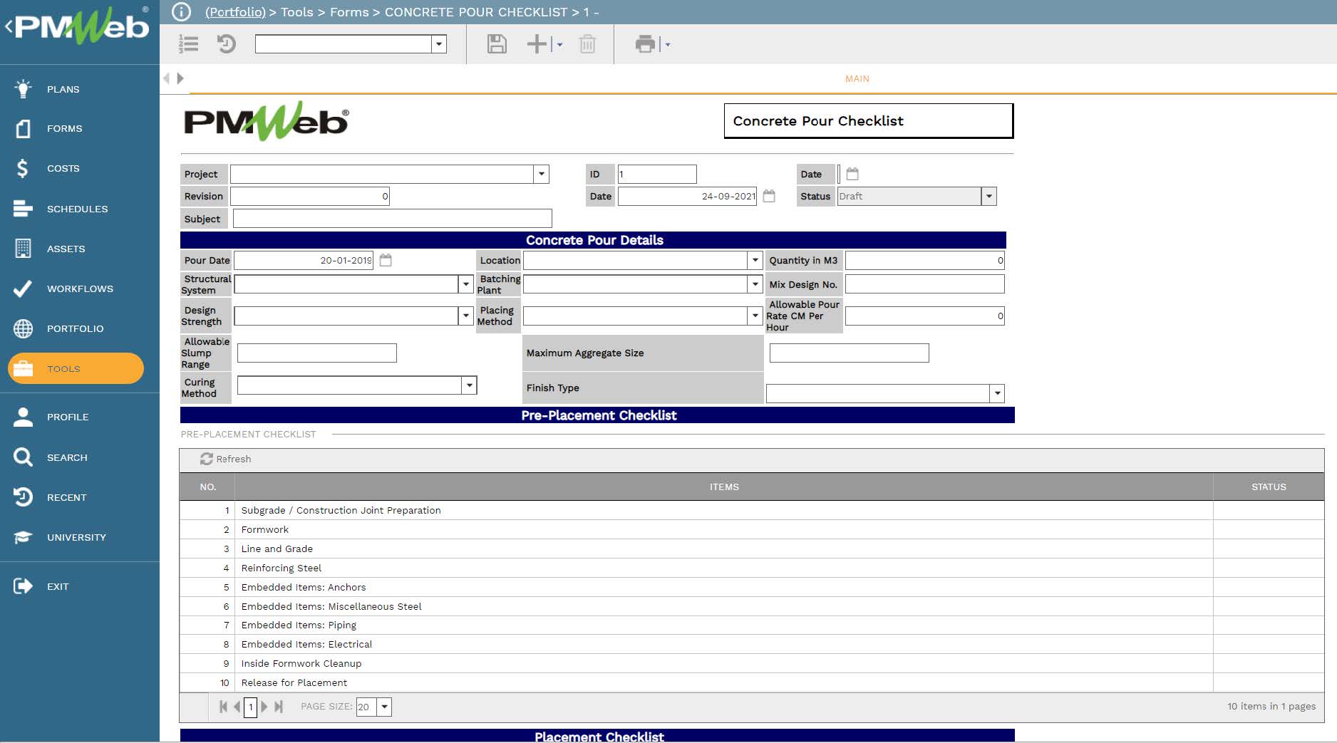 PMWeb 7 Tools Forms Concrete Pour Checklist
Main
