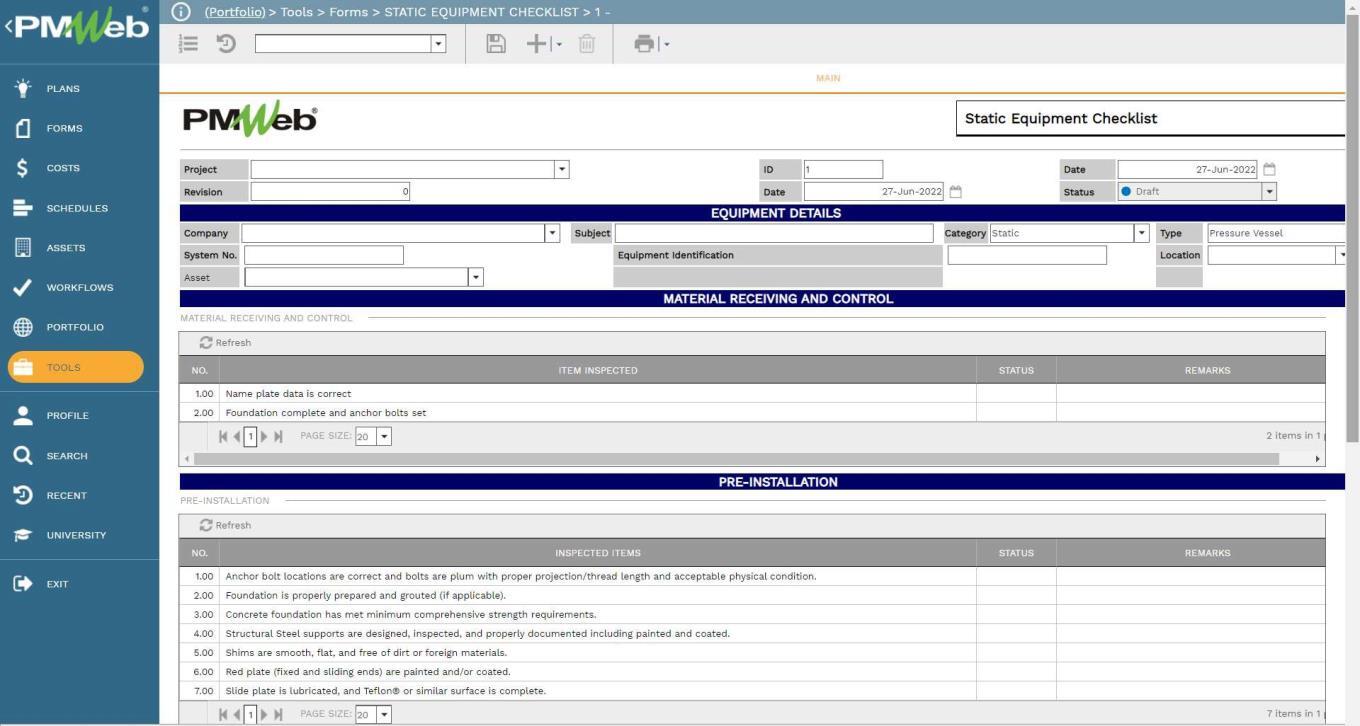 Tools Forms Static Equipment Checklist
Main