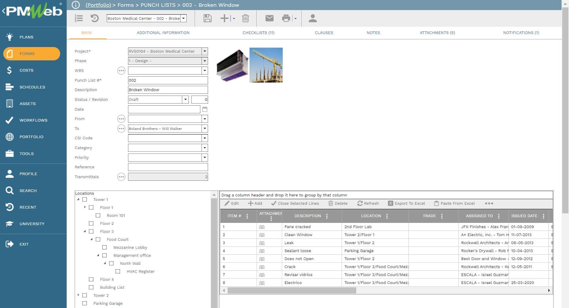 PMWeb 7 Forms Punch Lists Broken Window
Main