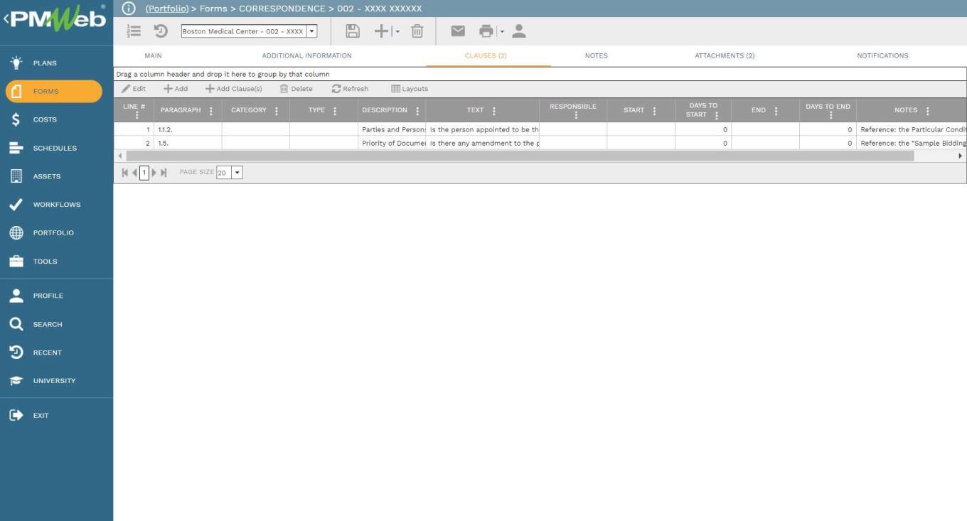 PMWeb 7 Forms Correspondence
Clauses