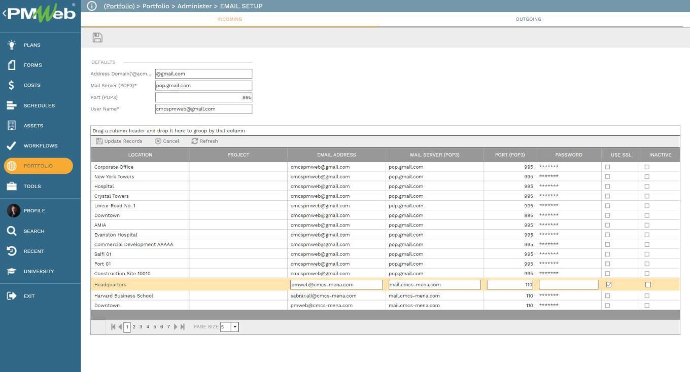 PMWeb 7 Portfolio Administer Email Setup
Incoming