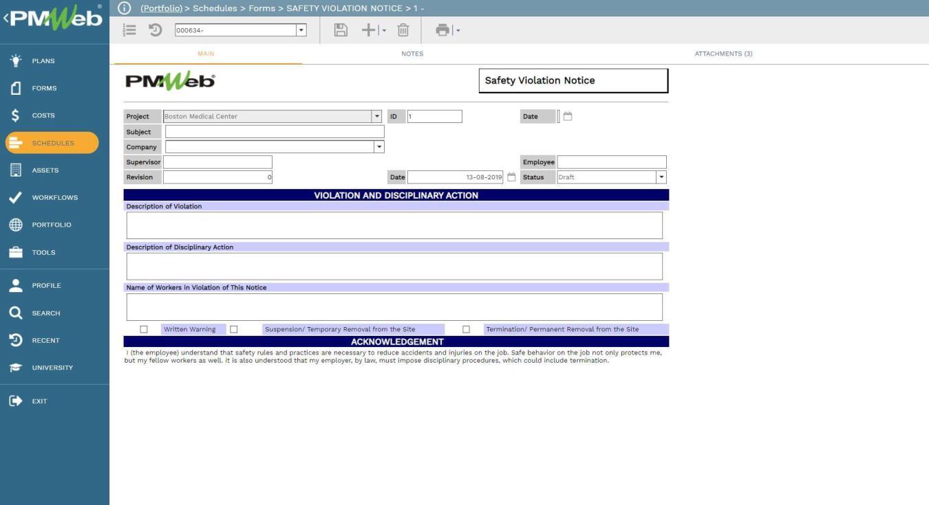 PMWeb 7 Schedules Forms Safety Violation Notice
Main