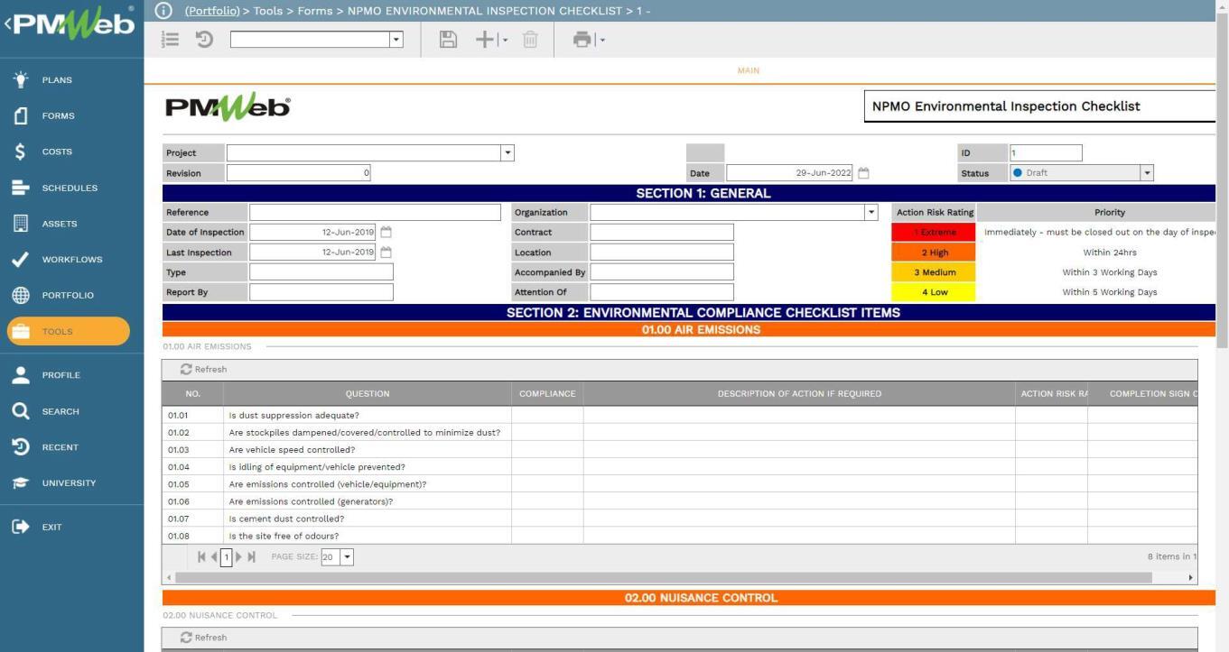 PMWeb 7 Tools Forms NPMO Environmental Inspect Checklist
Main