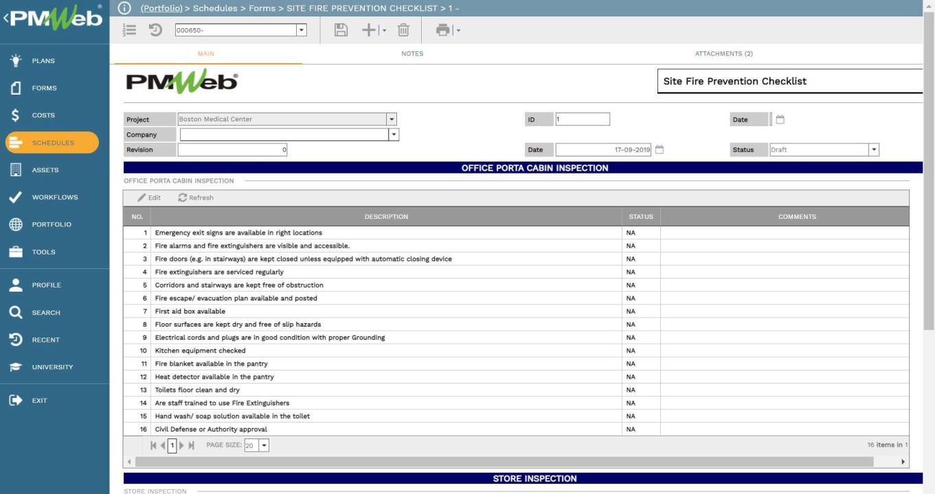PMWeb 7 Schedules Forms Site Fire Prevention checklist
Main