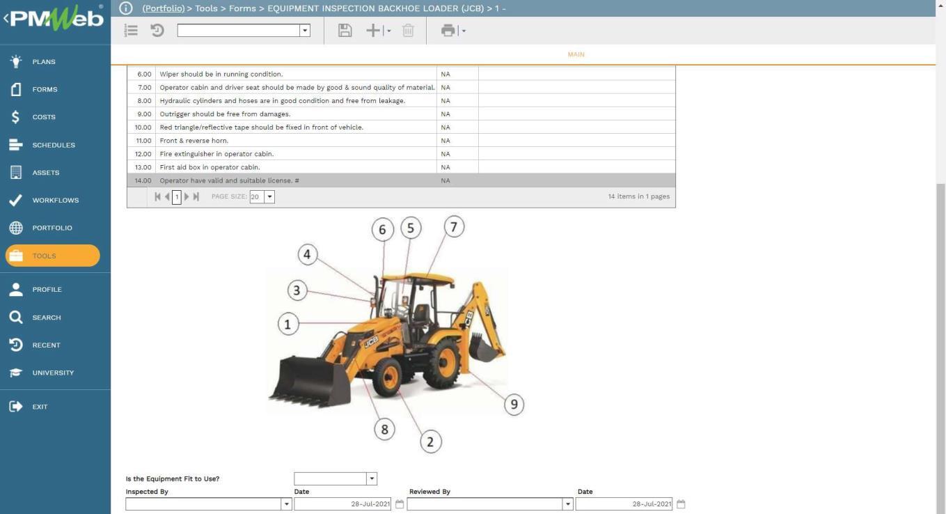 PMWeb 7 Tools Forms Equipment Inspection Backhoe Loader (JCB)
Main