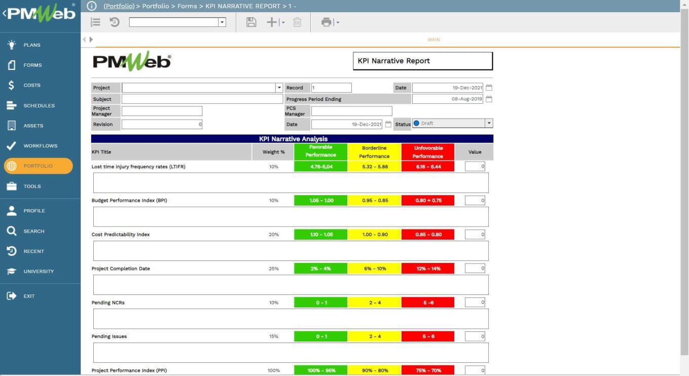 PMWeb 7 Portfolio Forms KPI Narrative Report
Main