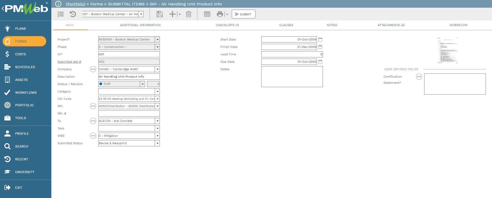 PMWeb 7 Forms Submittals Items
Air Handing Unit Product Info
Main