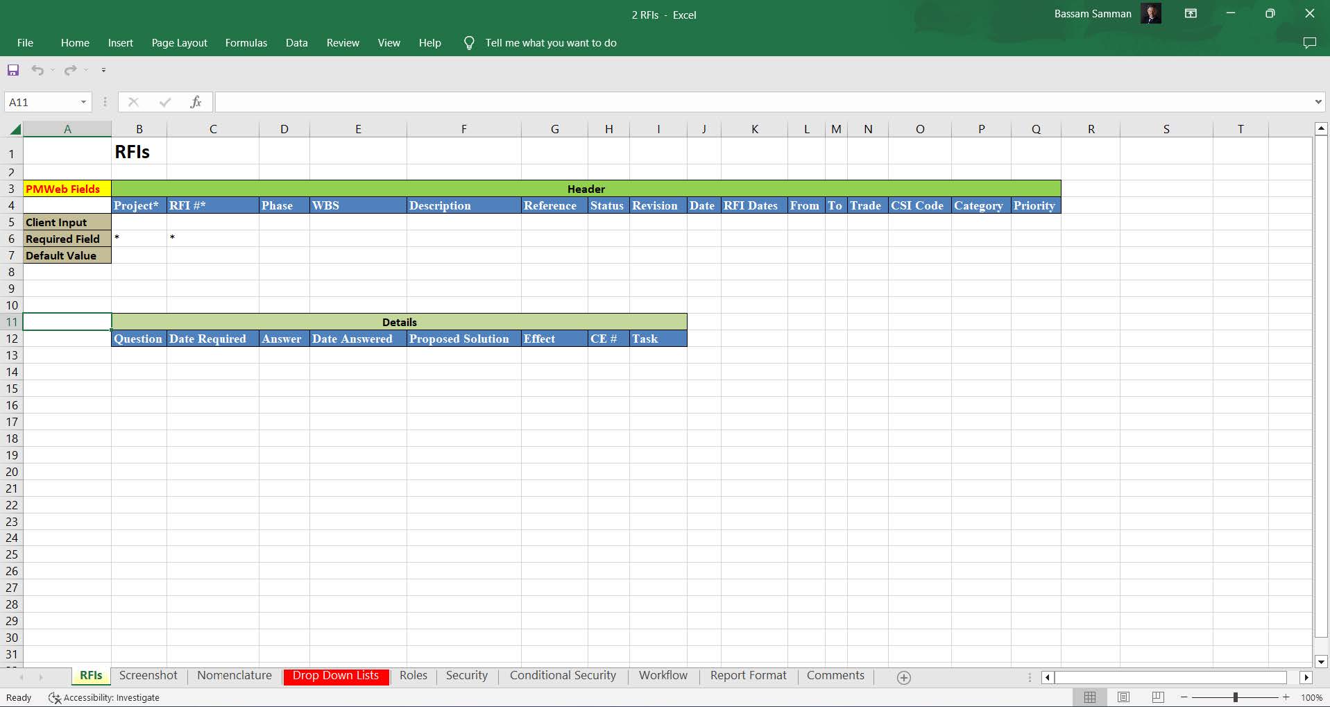 PMWeb 7 RFIs Excel Sheet