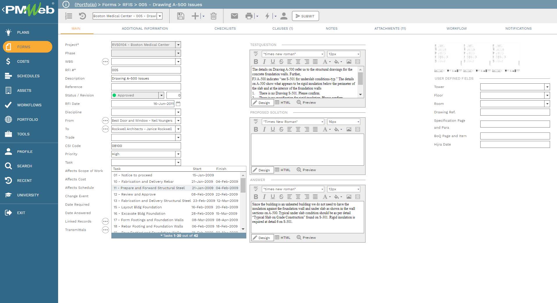 PMWeb 7 Forms RFIs Drawing A-500 Issues
Main