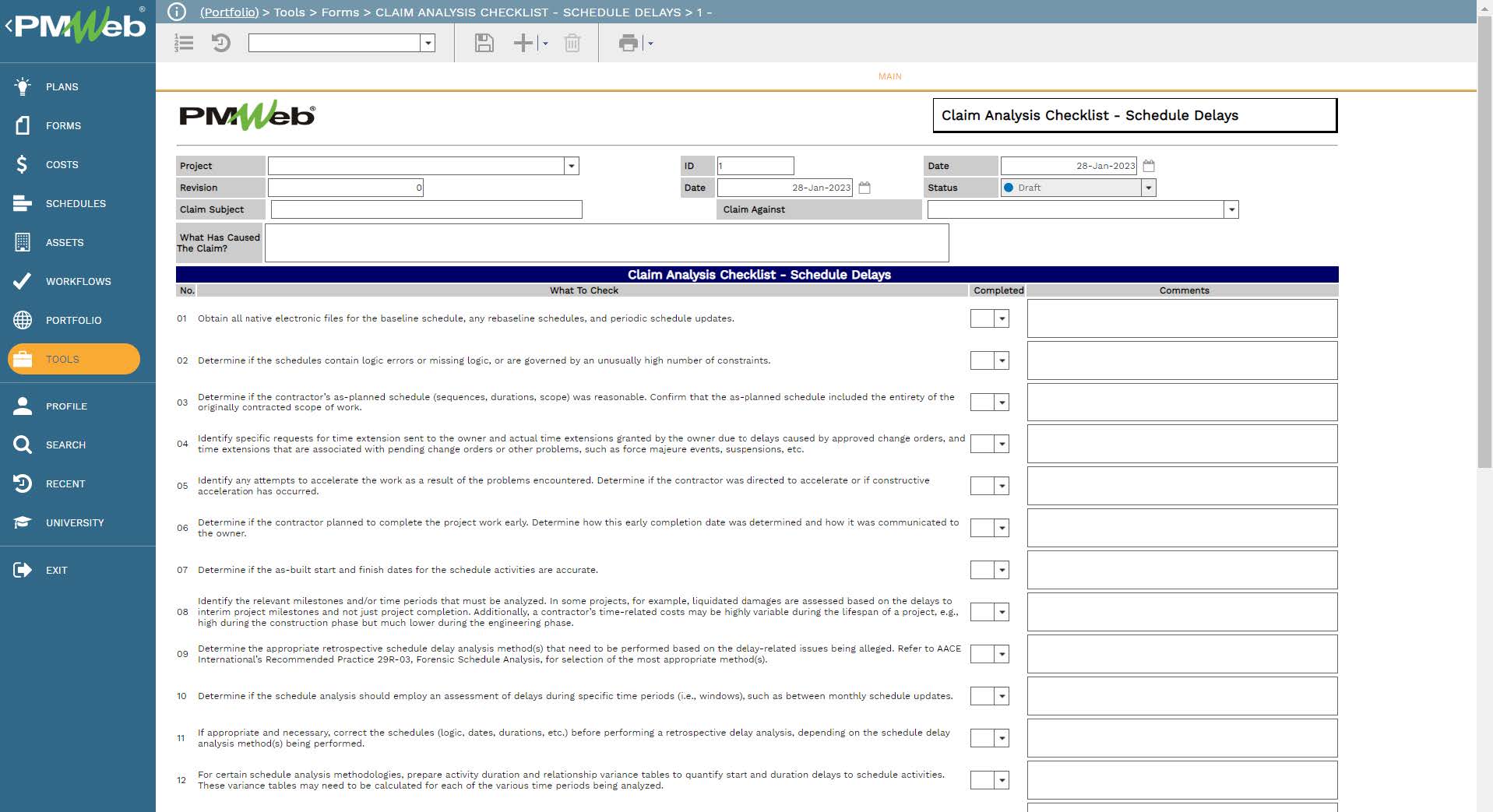 PMWeb y Tools Forms Clam Analysis Checklist Schedule Delays
Main