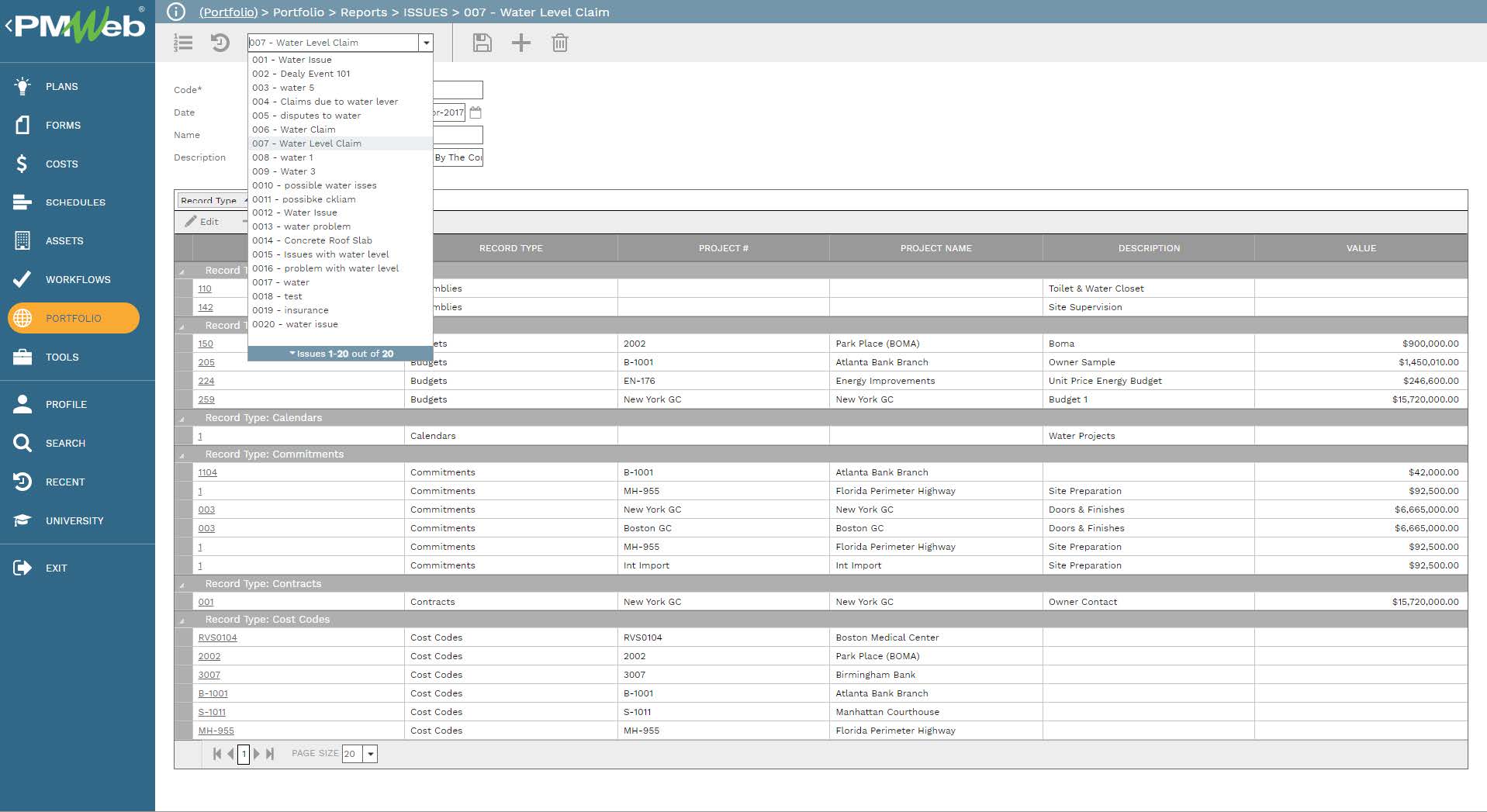 PMWeb 7 Portfolio Reports Issues Water Level Claim