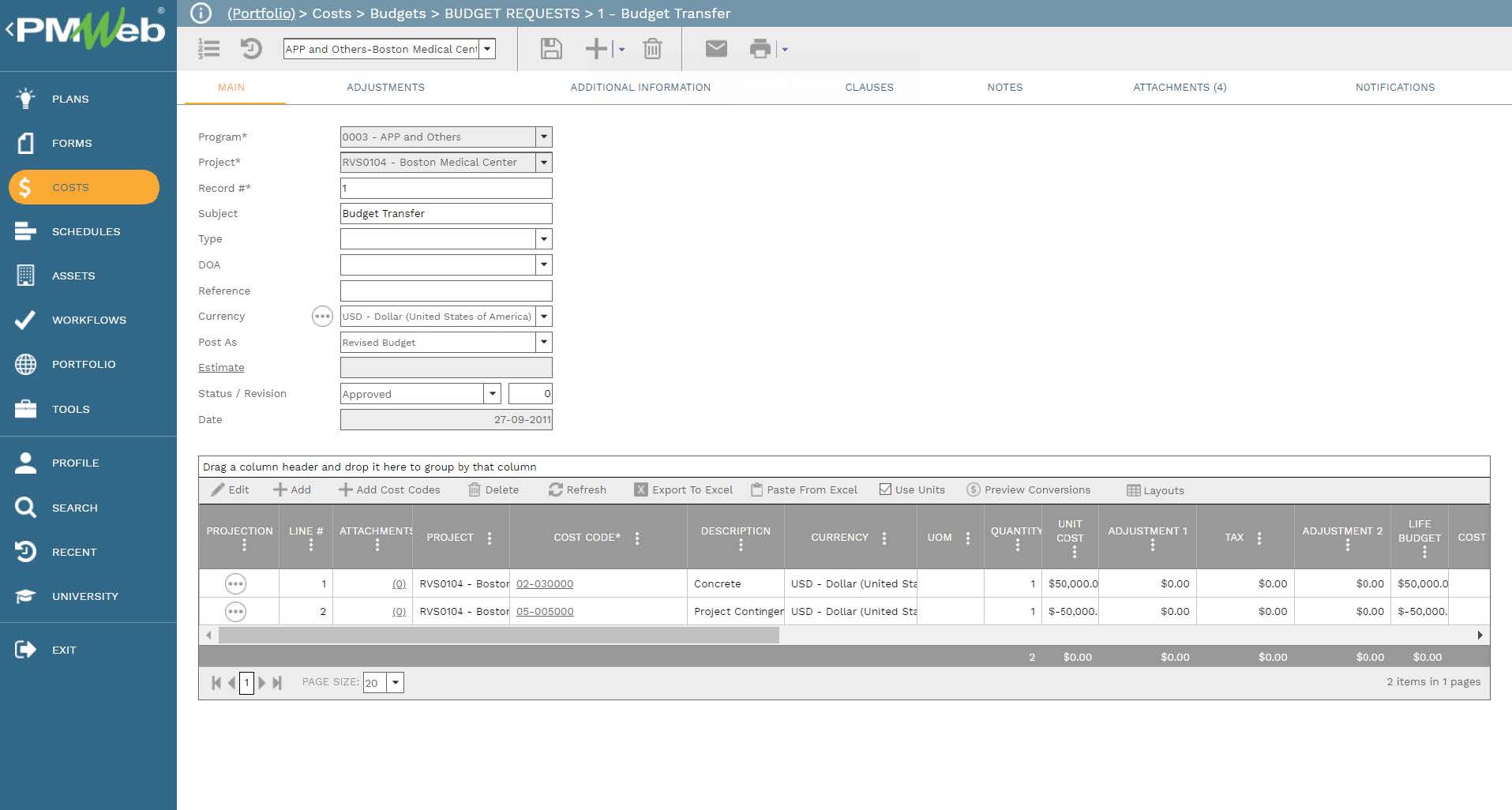 PMWeb 7 Costs Budgets Budget Requests Budget Transfer
Main