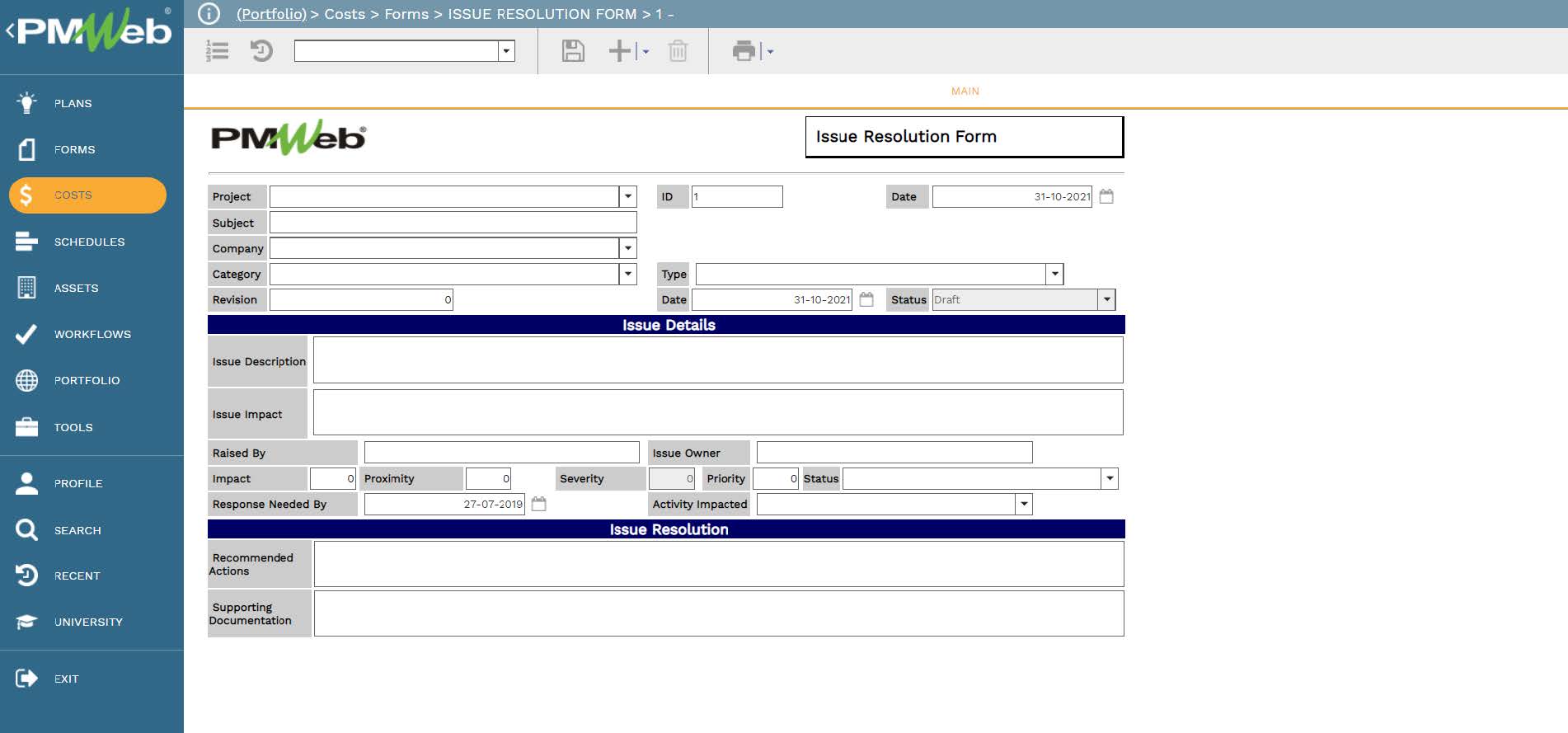 PMWeb 7 Costs Forms Issue Resolution From
Main